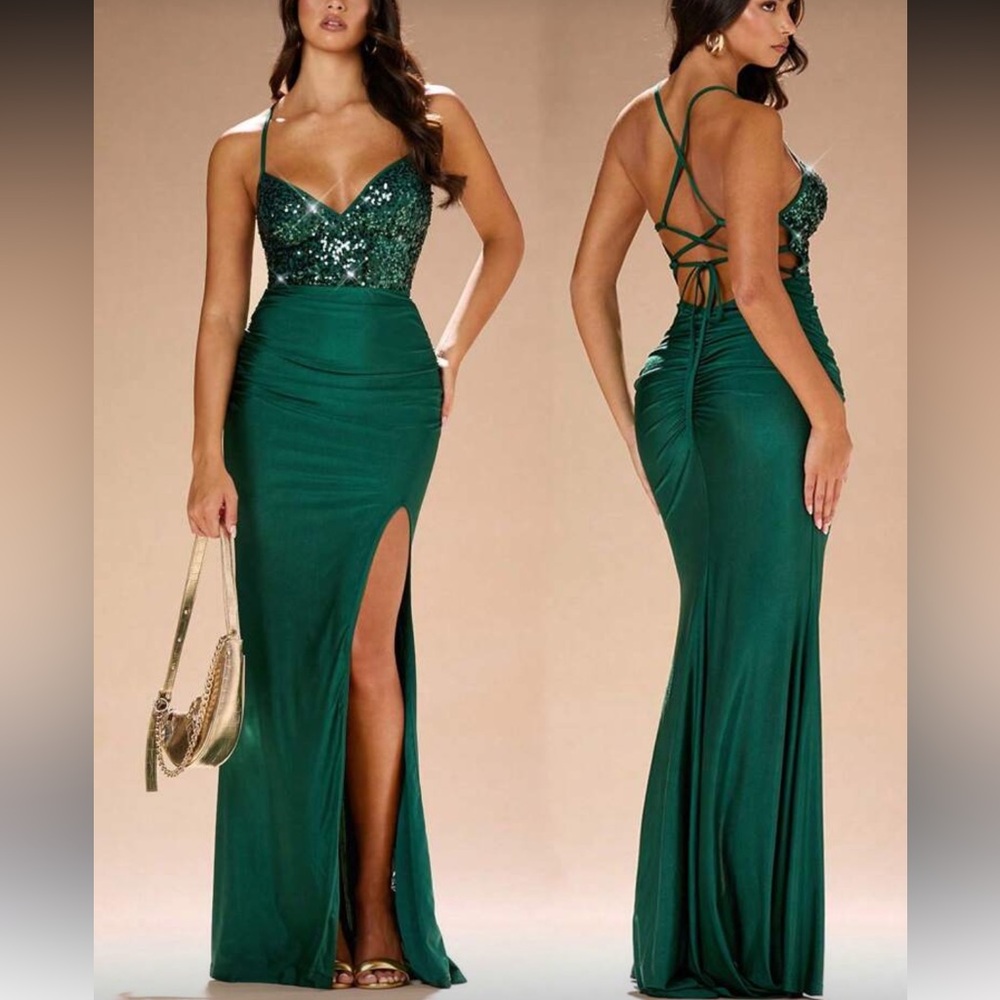 Elegant Green Lace Up Open Back  Evening Dress